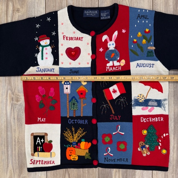 Vintage Rainbow Bridge Embroidered Calendar Cardigan Sweater Size Small - Picture 14 of 16